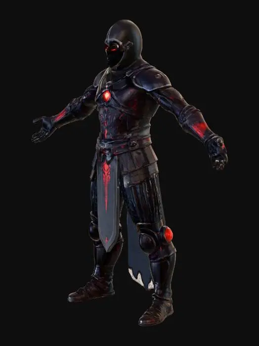 3D model for A stylized dark warlord clad in obsidian armor infused with glitching red code. One eye glows like a CRT, the other is a deep void. Black tattered cape, jagged sword with pixelation effects. Stylized, Fantasy, Game Asset, Full Body, A-Pose.

#villain#