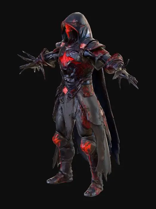 3D model for A stylized 3D model of a towering dark warlord, designed as the main antagonist of a fantasy-tech adventure game. Stands in an imposing A-pose, encased in shattered ceremonial armor fused with obsidian-like demonic growth and glitching red code veins. One arm appears petrified and cracked, with glowing crimson runes creeping up from the gauntlet to his shoulder. His helm covers half his face; the exposed side is distorted, with one CRT-glowing red eye and pixel-tearing scars.
Black tattered cape flows like corrupted shadow, trailing faint black mist and swirling red sigils that spiral off his armor. Designed as a boss enemy with high detail for cinematics. Stylized, Fantasy-Tech, Glitched, Dark Warlord, Legend of Zelda Inspired, Full Body, A-Pose, Game Asset, Highly Detailed.
, #villain#