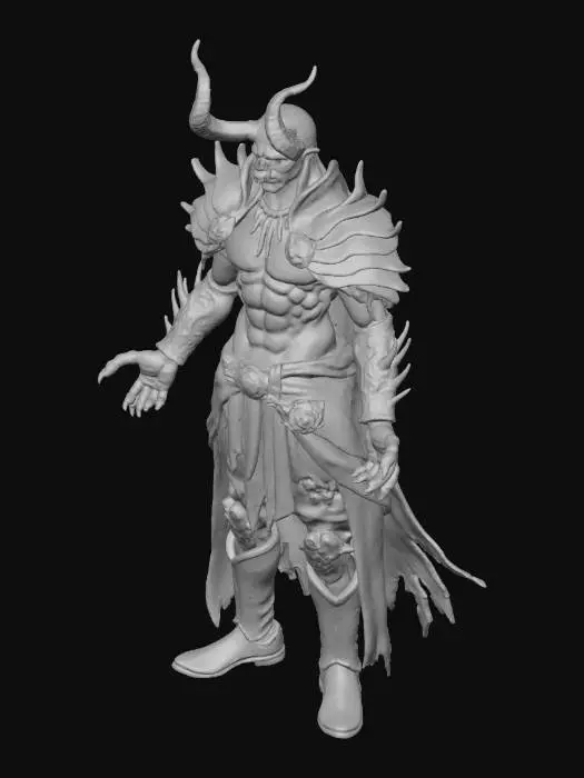3D model for A stylized 3D model of a towering dark warlord, designed as the main antagonist of a fantasy-tech adventure game. Stands in an imposing A-pose, encased in shattered ceremonial armor fused with obsidian-like demonic growth and glitching red code veins. One arm appears petrified and cracked, with glowing crimson runes creeping up from the gauntlet to his shoulder. His helm covers half his face; the exposed side is distorted, with one CRT-glowing red eye and pixel-tearing scars.
Black tattered cape flows like corrupted shadow, trailing faint black mist and swirling red sigils that spiral off his armor. Designed as a boss enemy with high detail for cinematics. Stylized, Fantasy-Tech, Glitched, Dark Warlord, Legend of Zelda Inspired, Full Body, A-Pose, Game Asset, Highly Detailed.
, #villain#