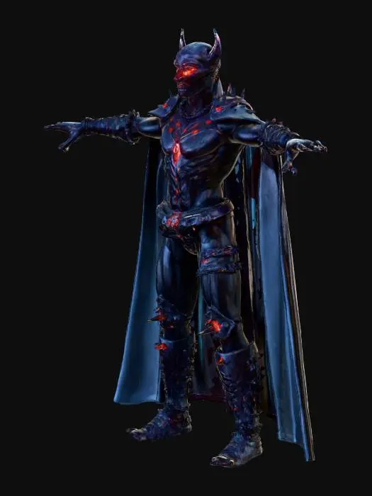 3D model for A stylized 3D model of a monstrous final-boss version of a dark warlord, fully consumed by corrupted power and ancient glitch-force. Towering form pulses with unstable energy, obsidian armor now fractured and fused with shifting red-black crystal growths and glowing pixel rot. His face is almost entirely obscured by a cracked, demonic helm with glowing runes and a single wide CRT eye. His body radiates unstable memory fragments. Six floating glitch-shards hover behind him in a broken halo, rotating unpredictably. One arm is a massive claw-like limb made from corrupted metal and liquid obsidian, dripping with particle fragments. His cape has disintegrated into a swarm of pixelated shadow tendrils that twist. 
Stylized, Fantasy, Legend of Zelda, Full Body, A-Pose, Highly Detailed, #villain#