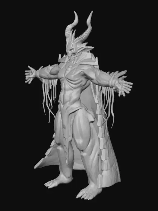 3D model for A stylized 3D model of a monstrous final-boss version of a dark warlord, fully consumed by corrupted power and ancient glitch-force. Towering form pulses with unstable energy, obsidian armor now fractured and fused with shifting red-black crystal growths and glowing pixel rot. His face is almost entirely obscured by a cracked, demonic helm with glowing runes and a single wide CRT eye. His body radiates unstable memory fragments. Six floating glitch-shards hover behind him in a broken halo, rotating unpredictably. One arm is a massive claw-like limb made from corrupted metal and liquid obsidian, dripping with particle fragments. His cape has disintegrated into a swarm of pixelated shadow tendrils that twist. 
Stylized, Fantasy, Legend of Zelda, Full Body, A-Pose, Highly Detailed, #villain#