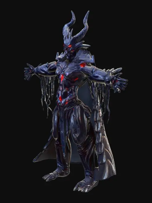 3D model for A stylized 3D model of a monstrous final-boss version of a dark warlord, fully consumed by corrupted power and ancient glitch-force. Towering form pulses with unstable energy, obsidian armor now fractured and fused with shifting red-black crystal growths and glowing pixel rot. His face is almost entirely obscured by a cracked, demonic helm with glowing runes and a single wide CRT eye. His body radiates unstable memory fragments. Six floating glitch-shards hover behind him in a broken halo, rotating unpredictably. One arm is a massive claw-like limb made from corrupted metal and liquid obsidian, dripping with particle fragments. His cape has disintegrated into a swarm of pixelated shadow tendrils that twist. 
Stylized, Fantasy, Legend of Zelda, Full Body, A-Pose, Highly Detailed, #villain#