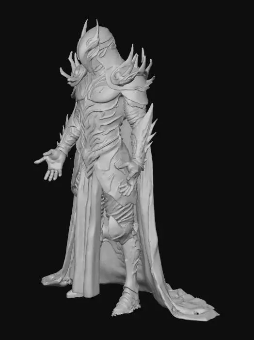 3D model for A stylized 3D model of a monstrous final-boss version of a dark warlord, fully consumed by corrupted power and ancient glitch-force. Towering form pulses with unstable energy, obsidian armor now fractured and fused with shifting red-black crystal growths and glowing pixel rot. His face is almost entirely obscured by a cracked, demonic helm with glowing runes and a single wide CRT eye. His body radiates unstable memory fragments. Six floating glitch-shards hover behind him in a broken halo, rotating unpredictably. One arm is a massive claw-like limb made from corrupted metal and liquid obsidian, dripping with particle fragments. His cape has disintegrated into a swarm of pixelated shadow tendrils that twist. 
Stylized, Fantasy, Legend of Zelda, Full Body, A-Pose, Highly Detailed, #villain#