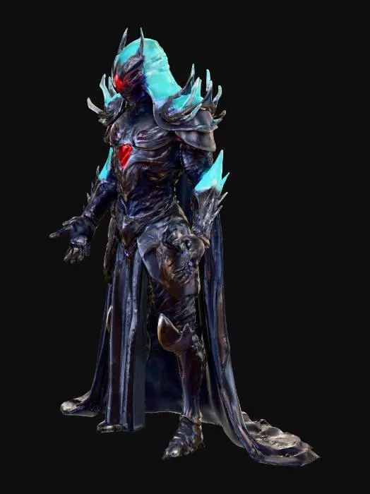3D model for A stylized 3D model of a monstrous final-boss version of a dark warlord, fully consumed by corrupted power and ancient glitch-force. Towering form pulses with unstable energy, obsidian armor now fractured and fused with shifting red-black crystal growths and glowing pixel rot. His face is almost entirely obscured by a cracked, demonic helm with glowing runes and a single wide CRT eye. His body radiates unstable memory fragments. Six floating glitch-shards hover behind him in a broken halo, rotating unpredictably. One arm is a massive claw-like limb made from corrupted metal and liquid obsidian, dripping with particle fragments. His cape has disintegrated into a swarm of pixelated shadow tendrils that twist. 
Stylized, Fantasy, Legend of Zelda, Full Body, A-Pose, Highly Detailed, #villain#