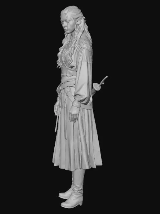 3D model for A highly detailed, gender neutral lifelike elven character, suitable for a Legend of Zelda-style open-world action-adventure game. Embodying an ethereal grace, possesses sharp, intelligent features, with high cheekbones and pointed ears. Their eyes are striking conveying ancient wisdom and a deep connection to nature. The skin has a soft, luminous quality, with subtle imperfections that enhance realism. Long, flowing hair, styled elegantly, frames their face. Their attire is a blend of practical adventuring gear and elegant, nature-inspired clothing, crafted from fine, textured fabrics and supple leather, with intricate embroidery and subtle metallic accent. The overall aesthetic is one of noble resilience and an innate bond with the game world, reflecting both strength and a gentle spirit