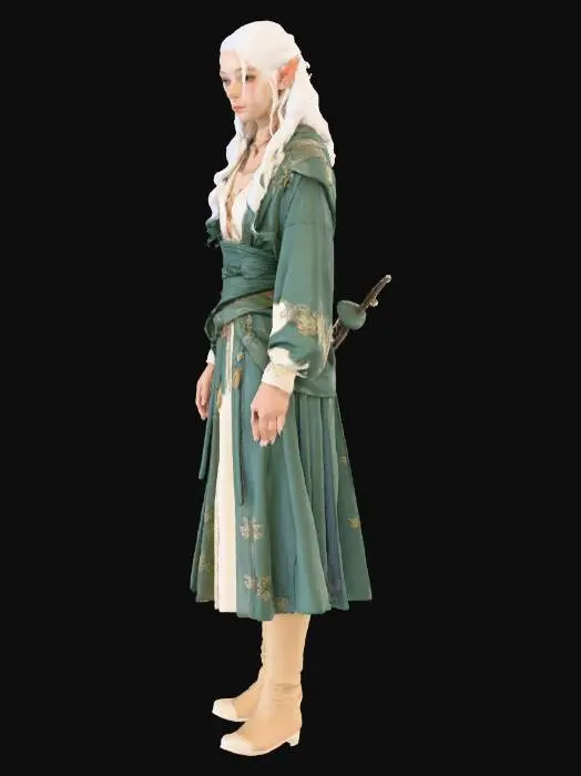 3D model for A highly detailed, gender neutral lifelike elven character, suitable for a Legend of Zelda-style open-world action-adventure game. Embodying an ethereal grace, possesses sharp, intelligent features, with high cheekbones and pointed ears. Their eyes are striking conveying ancient wisdom and a deep connection to nature. The skin has a soft, luminous quality, with subtle imperfections that enhance realism. Long, flowing hair, styled elegantly, frames their face. Their attire is a blend of practical adventuring gear and elegant, nature-inspired clothing, crafted from fine, textured fabrics and supple leather, with intricate embroidery and subtle metallic accent. The overall aesthetic is one of noble resilience and an innate bond with the game world, reflecting both strength and a gentle spirit
