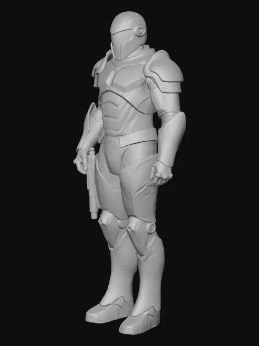 3D model for A powerful, sleek armored suit in the style of Samus Aran, featuring segmented plating of dark, iridescent gunmetal material. Its contours are sharply defined, highlighted by vibrant emerald green glowing lines. Large, aerodynamic shoulder pauldrons and a unique, modular arm cannon with a pulsating energy core define its silhouette. The helmet features a narrow, glowing visor. The suit's robust, smooth metallic texture suggests formidable protection and advanced technology, designed for agile combat and exploration in a hostile environment.