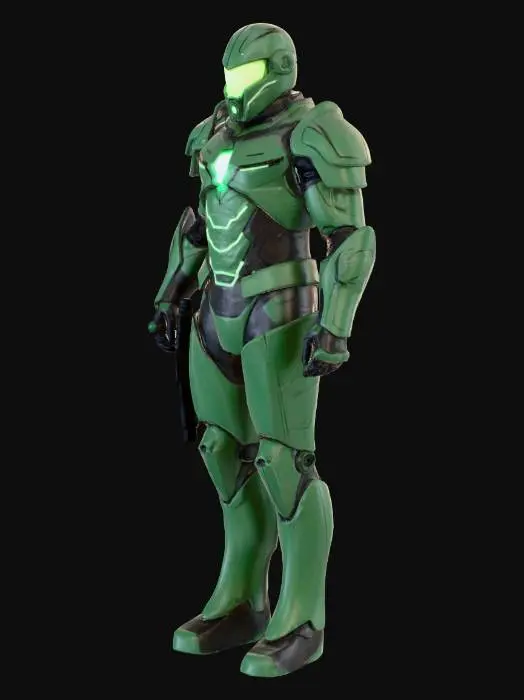 3D model for A powerful, sleek armored suit in the style of Samus Aran, featuring segmented plating of dark, iridescent gunmetal material. Its contours are sharply defined, highlighted by vibrant emerald green glowing lines. Large, aerodynamic shoulder pauldrons and a unique, modular arm cannon with a pulsating energy core define its silhouette. The helmet features a narrow, glowing visor. The suit's robust, smooth metallic texture suggests formidable protection and advanced technology, designed for agile combat and exploration in a hostile environment.