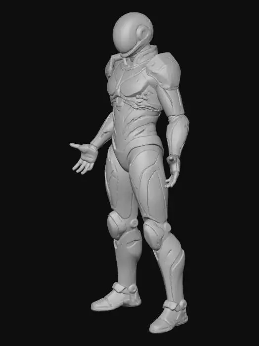 3D model for A powerful, sleek armored suit in the style of Samus Aran, featuring segmented plating of dark, iridescent gunmetal material. Its contours are sharply defined, highlighted by vibrant emerald green glowing lines. Large, aerodynamic shoulder pauldrons and a unique, modular arm cannon with a pulsating energy core define its silhouette. The helmet features a narrow, glowing visor. The suit's robust, smooth metallic texture suggests formidable protection and advanced technology, designed for agile combat and exploration in a hostile environment.