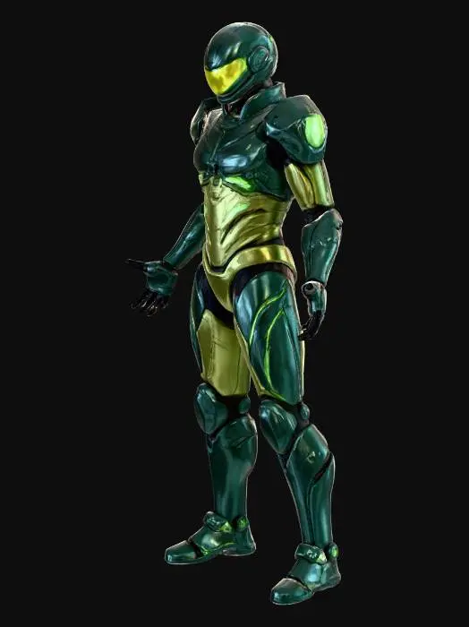 3D model for A powerful, sleek armored suit in the style of Samus Aran, featuring segmented plating of dark, iridescent gunmetal material. Its contours are sharply defined, highlighted by vibrant emerald green glowing lines. Large, aerodynamic shoulder pauldrons and a unique, modular arm cannon with a pulsating energy core define its silhouette. The helmet features a narrow, glowing visor. The suit's robust, smooth metallic texture suggests formidable protection and advanced technology, designed for agile combat and exploration in a hostile environment.