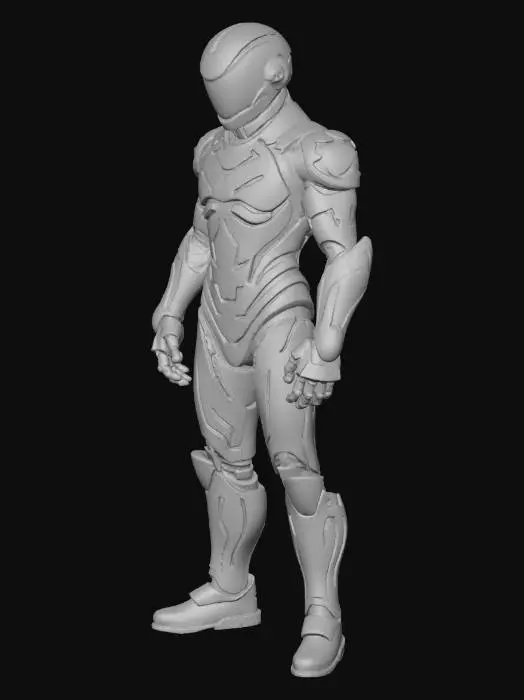 3D model for A powerful, sleek armored suit in the style of Samus Aran, featuring segmented plating of dark, iridescent gunmetal material. Its contours are sharply defined, highlighted by vibrant emerald green glowing lines. Large, aerodynamic shoulder pauldrons and a unique, modular arm cannon with a pulsating energy core define its silhouette. The helmet features a narrow, glowing visor. The suit's robust, smooth metallic texture suggests formidable protection and advanced technology, designed for agile combat and exploration in a hostile environment.