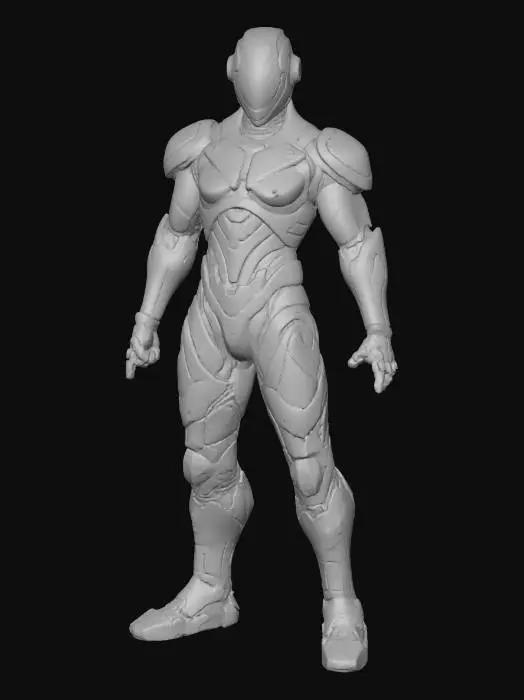 3D model for A powerful, sleek armored suit in the style of Samus Aran, featuring segmented plating of dark, iridescent gunmetal material. Its contours are sharply defined, highlighted by vibrant emerald green glowing lines. Large, aerodynamic shoulder pauldrons and a unique, modular arm cannon with a pulsating energy core define its silhouette. The helmet features a narrow, glowing visor. The suit's robust, smooth metallic texture suggests formidable protection and advanced technology, designed for agile combat and exploration in a hostile environment.