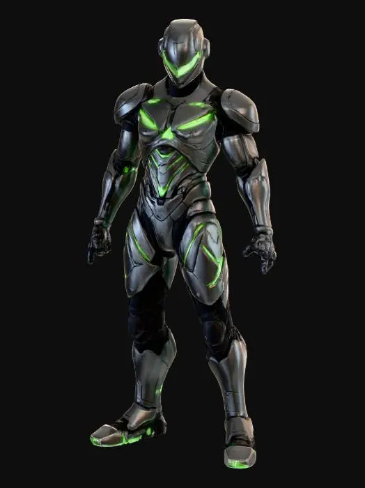 3D model for A powerful, sleek armored suit in the style of Samus Aran, featuring segmented plating of dark, iridescent gunmetal material. Its contours are sharply defined, highlighted by vibrant emerald green glowing lines. Large, aerodynamic shoulder pauldrons and a unique, modular arm cannon with a pulsating energy core define its silhouette. The helmet features a narrow, glowing visor. The suit's robust, smooth metallic texture suggests formidable protection and advanced technology, designed for agile combat and exploration in a hostile environment.