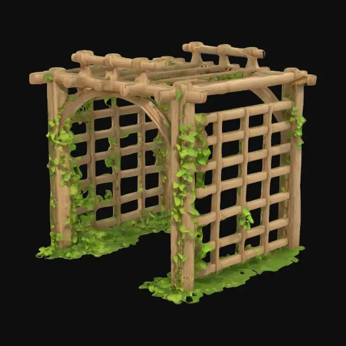 3D model for A simple, Stylized, 3D model of a chibi-style modular wooden garden trellis.
Details:
A rectangular wooden frame with an open lattice design.
Light brown wood texture with slight weathering.
Small green vines wrapping around the lattice structure.
The overall style is reminiscent of a fantasy or action-adventure game similar to The Legend of Zelda
Stylized, Fantasy, Game Assets, Legend of Zelda, World of Warcraft, League of Legends, Pixar Style