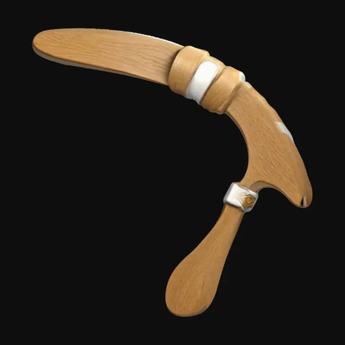 3D model for A stylized 3D model of a chibi-style Boomerang.
 A short, curved boomerang with a smooth, wooden texture.
 A single white band wraps around one side.
 The ends of the boomerang are slightly rounded and oversized.
The overall style is reminiscent of a fantasy or action-adventure game similar to The Legend of Zelda.
Stylized, Fantasy, Game Assets, Legend of Zelda, World of Warcraft, League of Legends, Pixar Style