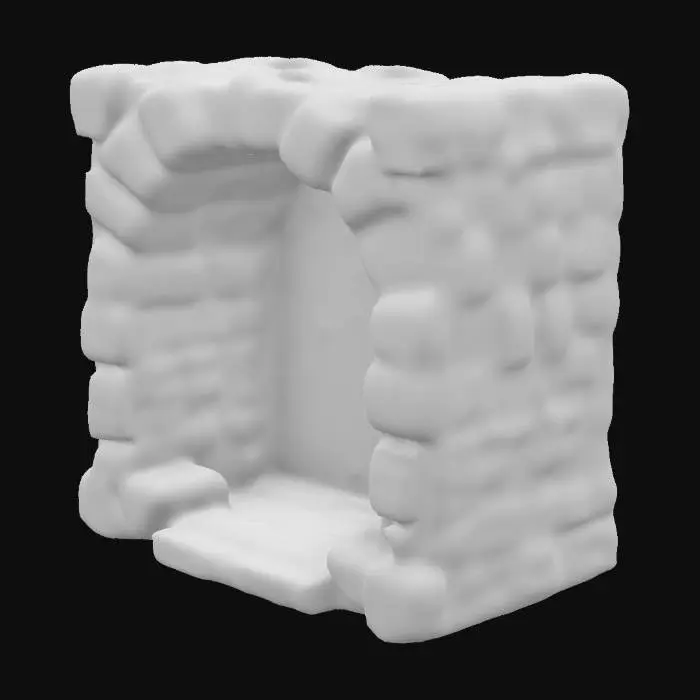 3D model for A stylized 3D model of a chibi-style shadowy wall alcove.
 Recessed section of a stone wall with rough, uneven edges.
 Designed to hold small props like torches or pots.
 Designed to integrate with modular stone walls.
The overall style is reminiscent of a fantasy or action-adventure game similar to The Legend of Zelda.
Stylized, Fantasy, Game Assets, Legend of Zelda, World of Warcraft, League of Legends, Pixar Style