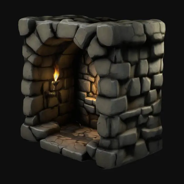 3D model for A stylized 3D model of a chibi-style shadowy wall alcove.
 Recessed section of a stone wall with rough, uneven edges.
 Designed to hold small props like torches or pots.
 Designed to integrate with modular stone walls.
The overall style is reminiscent of a fantasy or action-adventure game similar to The Legend of Zelda.
Stylized, Fantasy, Game Assets, Legend of Zelda, World of Warcraft, League of Legends, Pixar Style