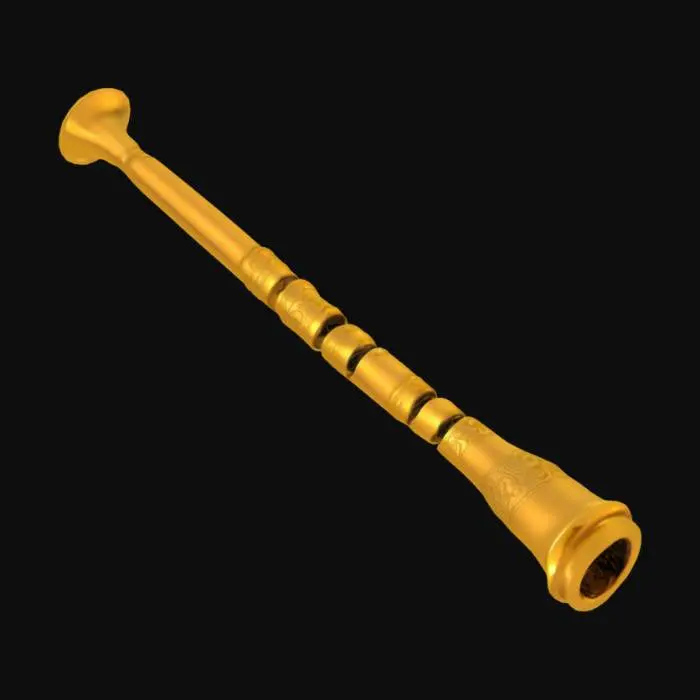3D model for A simple, Stylized, 3D model of a chibi-style Recorder.

Details:
 A slender golden flute, crafted from smooth, polished metal.
 The body features three symmetrically placed finger holes, each encircled by subtle, engraved rune.
 A mouthpiece with intricate carvings reminiscent of ancient musical relics

Stylized, Fantasy, Game Assets, Legend of Zelda, League of Legends, World of Warcraft, Clash of Clans, Pixar Style.