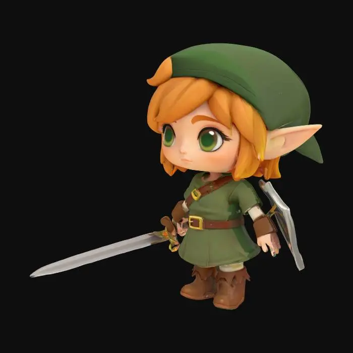 3D model for A cute, stylized character, reminiscent of a chibi Link, stands with a determined, slightly frowning expression. They have pale peach skin, large pointed ears, and vibrant orange hair under a classic green cap. Dressed in a smooth, dark green tunic with a brown belt and square golden buckle, and brown boots, the character holds a detailed silver shield with blue, yellow, and red emblems. A sword with a silver blade and brown hilt is held in the other hand, suggesting a sturdy, plastic-like texture with glossy elements.