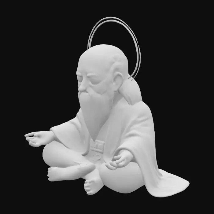 3D model for A stylized 3D model of an elderly, chibi-style man seated in a meditative A-pose. He has a long, flowing gray beard, closed eyes, and a serene, unchanging expression. His form radiates timelessness.. Wears ancient, scorched monk robes with embroidered motifs resembling NES controller symbols and pixelated glyphs.
His robe is patched and charred, as if burned by corrupted data. His silhouette never shifts, and his presence evokes stillness and glitch-bound divinity.
A faint circuit-patterned halo hovers above his head, and his staff or torch sometimes flickers with scanlines. Stylized, Chibi, Fantasy-Tech, Glitched, Oracle NPC, Game Asset, Legend of Zelda Inspired, Pixar Style, Full Body, Seated.