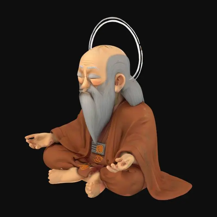 3D model for A stylized 3D model of an elderly, chibi-style man seated in a meditative A-pose. He has a long, flowing gray beard, closed eyes, and a serene, unchanging expression. His form radiates timelessness.. Wears ancient, scorched monk robes with embroidered motifs resembling NES controller symbols and pixelated glyphs.
His robe is patched and charred, as if burned by corrupted data. His silhouette never shifts, and his presence evokes stillness and glitch-bound divinity.
A faint circuit-patterned halo hovers above his head, and his staff or torch sometimes flickers with scanlines. Stylized, Chibi, Fantasy-Tech, Glitched, Oracle NPC, Game Asset, Legend of Zelda Inspired, Pixar Style, Full Body, Seated.