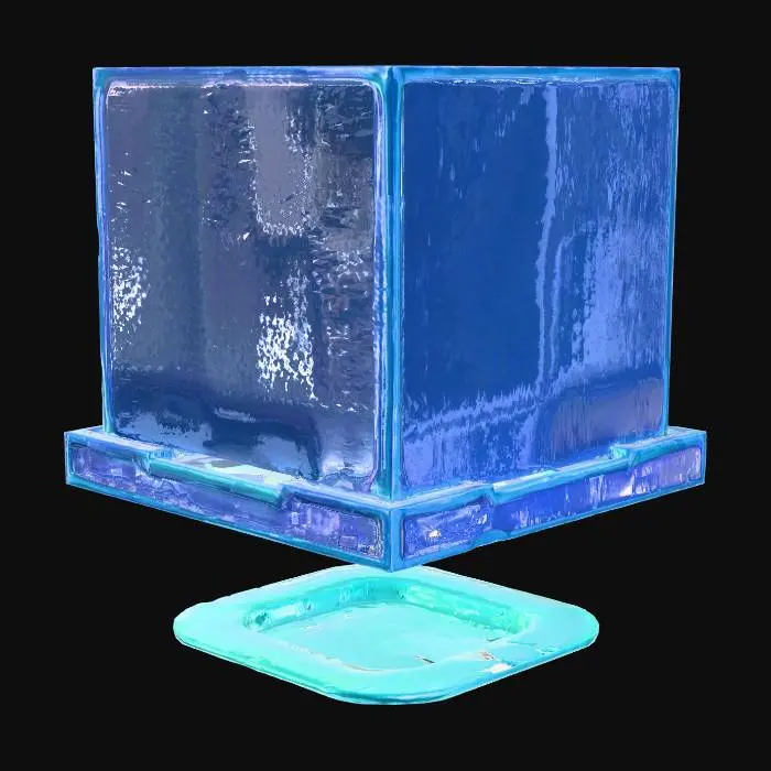3D model for A large, rectangular moving block, designed as a smooth panel of deep blue material, is bordered by bright cyan glowing edges. Its surface is etched with a subtle, internal wireframe grid that also glows faintly cyan, enhancing its futuristic aesthetic. The block feels incredibly solid and dense, yet its smooth, low-friction texture suggests seamless, silent movement within the maze.