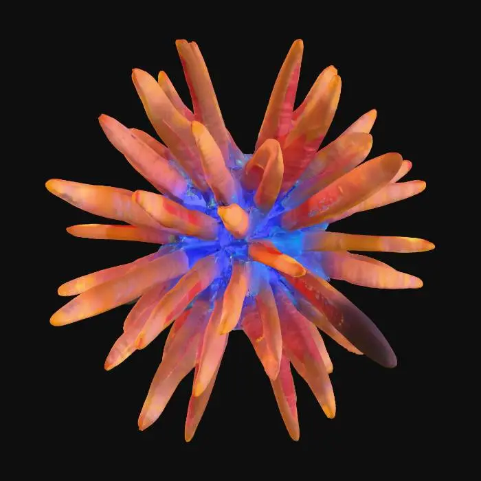 3D model for An energy orb pickup appears as a cluster of small, irregular neon shards, some glowing vibrant cyan, others bright yellow. The shards are angular and seem to float in a loose arrangement, slowly rotating and emitting soft, intermittent light pulses. They have a transparent, crystalline appearance, feeling ethereal and weightless, suggesting pure, collectible energy.