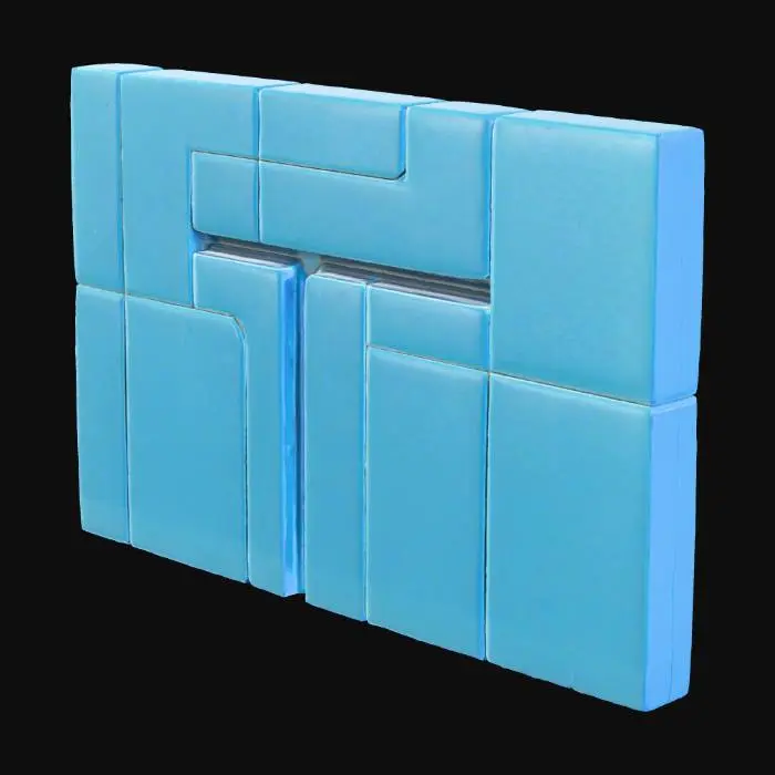 3D model for A T-junction wall tile, a thick, T-shaped panel, is composed of a deep blue material with consistently glowing cyan edges along all three connecting points. Its surface is smooth and flat, with subtle cyan wireframe details embedded within, providing a high-tech, modular aesthetic. The piece feels robust and engineered for exact, stable connections, creating complex pathways.