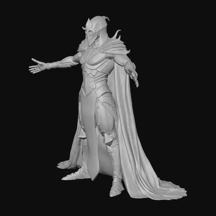 3D model for A stylized dark warlord clad in obsidian armor infused with glitching red code. One eye glows like a CRT, the other is a deep void. Black tattered cape, jagged sword with pixelation effects. Stylized, Fantasy, Game Asset, Full Body, A-Pose.

#villain#