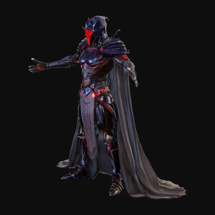 3D model for A stylized dark warlord clad in obsidian armor infused with glitching red code. One eye glows like a CRT, the other is a deep void. Black tattered cape, jagged sword with pixelation effects. Stylized, Fantasy, Game Asset, Full Body, A-Pose.

#villain#