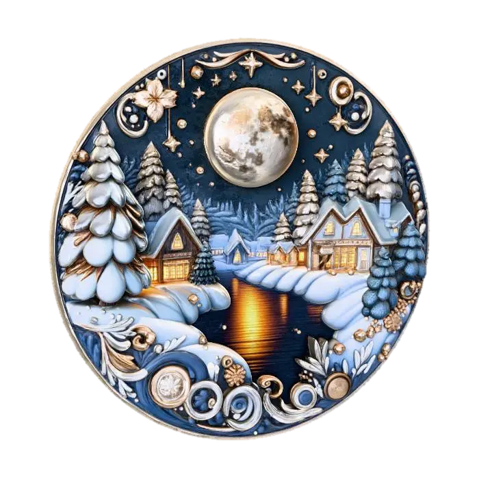Moonlit Winter Village 3D model, vytvořený pomocí AI