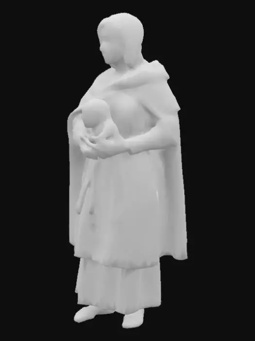 3D model for garmanische alamannin um 400, rot gelbes kleid, brauner wollumhang, weißes kopftuch mit einem baby im arm.