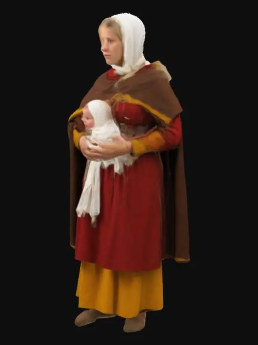 3D model for garmanische alamannin um 400, rot gelbes kleid, brauner wollumhang, weißes kopftuch mit einem baby im arm.