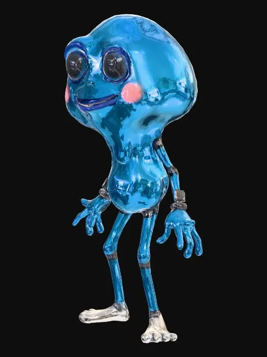 3D model for make a blue boblly humannoid slime with alien technoligly in its arms make it low poly with rigging and have it made in a fantasy cartoonie anime style focusing on the magical asspect that a slime would have give it arms a torso a bobblly head with 2 big eyes it has a happy smile and legs that look like there about to fall of for the hands i want you to focus on the magic that a blue slime has think about it like water maybe it doesnt even have any fingers at all