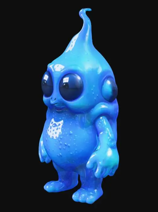 3D model for make a blue boblly humannoid slime with alien technoligly in its arms make it low poly with rigging and have it made in a fantasy cartoonie anime style focusing on the magical asspect that a slime would have give it arms a torso a bobblly head with 2 big eyes it has a happy smile and legs that look like there about to fall of for the hands i want you to focus on the magic that a blue slime has think about it like water maybe it doesnt even have any fingers at all