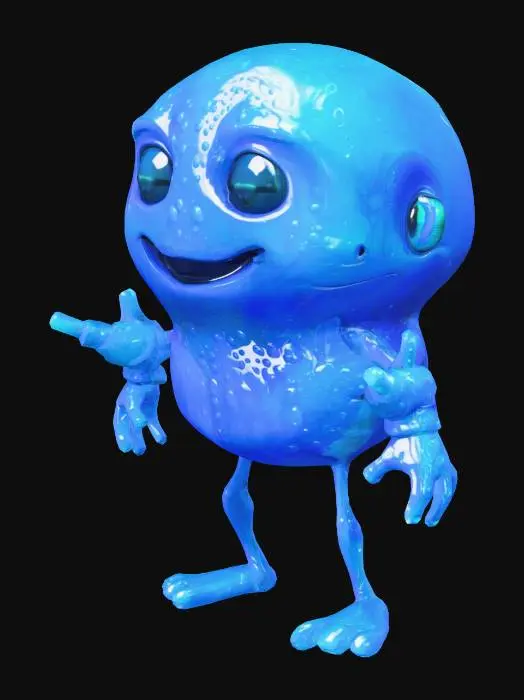 3D model for make a blue boblly humannoid slime with alien technoligly in its arms make it low poly with rigging and have it made in a fantasy cartoonie anime style focusing on the magical asspect that a slime would have give it arms a torso a bobblly head with 2 big eyes it has a happy smile and legs that look like there about to fall of for the hands i want you to focus on the magic that a blue slime has think about it like water maybe it doesnt even have any fingers at all