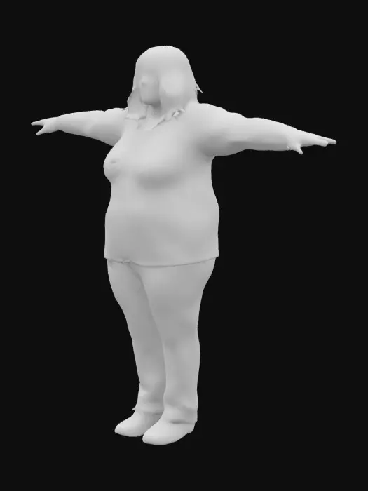 3D model for Eine Frau in ihren frühen Fünfzigern, von etwas festerer Statur, steht in einer neutralen T-Pose mit seitlich ausgestreckten Armen und offenen Händen. Ihr Gesicht zeigt feine Falten um Mund und Augen, die Haut ist leicht fahl. Schulterlanges, praktisches braunes Haar mit ersten grauen Strähnen. Die Zeige- und Mittelfinger sind subtil gelblich verfärbt. Sie trägt schlichte, abgetragene Alltagskleidung: eine bequeme Hose und eine matte, robuste Jacke in gedeckten Farben, die eine funktionale Textur aufweisen.