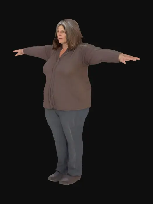 3D model for Eine Frau in ihren frühen Fünfzigern, von etwas festerer Statur, steht in einer neutralen T-Pose mit seitlich ausgestreckten Armen und offenen Händen. Ihr Gesicht zeigt feine Falten um Mund und Augen, die Haut ist leicht fahl. Schulterlanges, praktisches braunes Haar mit ersten grauen Strähnen. Die Zeige- und Mittelfinger sind subtil gelblich verfärbt. Sie trägt schlichte, abgetragene Alltagskleidung: eine bequeme Hose und eine matte, robuste Jacke in gedeckten Farben, die eine funktionale Textur aufweisen.