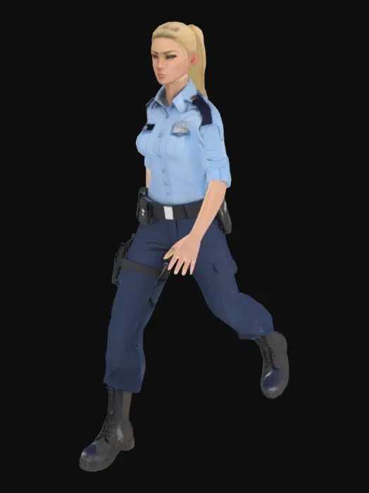 3D model for A policewoman in her mid-twenties, with a fit, athletic build, stands in a neutral T-pose, arms slightly outstretched and legs slightly apart for optimal rigging. Her blonde hair is neatly pulled back into a high ponytail. She wears a light blue, short-sleeved police uniform shirt with a patch on the right sleeve and shoulder boards featuring two silver stars. Dark blue trousers complement the uniform, paired with sturdy black hiking boots. A black duty belt holds a holstered weapon, pepper spray, a flashlight, and a collapsible baton.
