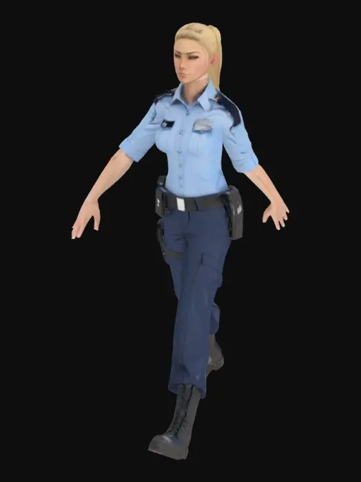 3D model for A policewoman in her mid-twenties, with a fit, athletic build, stands in a neutral T-pose, arms slightly outstretched and legs slightly apart for optimal rigging. Her blonde hair is neatly pulled back into a high ponytail. She wears a light blue, short-sleeved police uniform shirt with a patch on the right sleeve and shoulder boards featuring two silver stars. Dark blue trousers complement the uniform, paired with sturdy black hiking boots. A black duty belt holds a holstered weapon, pepper spray, a flashlight, and a collapsible baton.