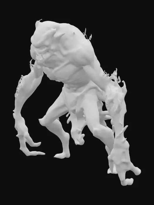 3D model for Nightmare Fiend,  Create a 3D model of a shadowy, ghost-like monster that embodies a mischievous and sinister presence. The creature should have a rounded, slightly bulky body with sharp, menacing features. Its eyes should be large, glowing with an eerie red or purple light, and its mouth should have a wicked, toothy grin. The creature's overall design should evoke a feeling of dark energy, with wisps of shadow or smoke swirling around its form. The skin texture should be smooth but have a subtle, ethereal quality, as if the creature is partially made of shadows. Visible legs have  multum of fingers, and full of monster is visible in image. monster stay front to image. #AroundTheWorld#