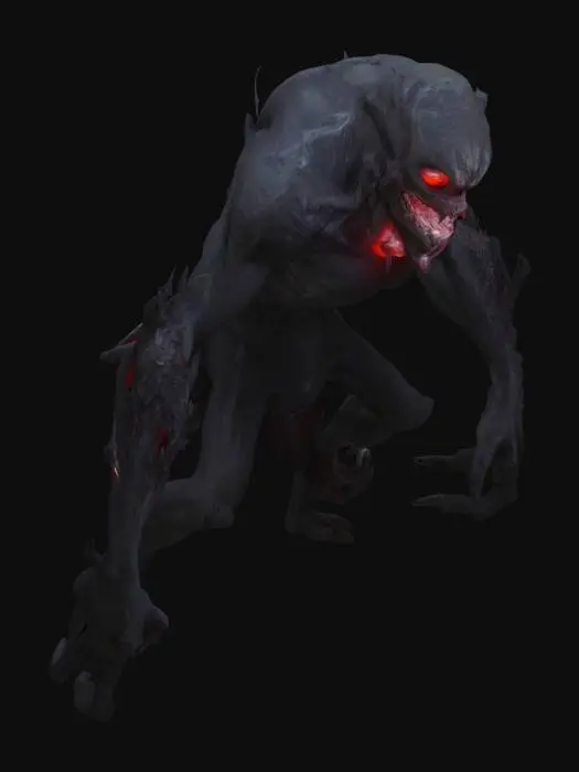 3D model for Nightmare Fiend,  Create a 3D model of a shadowy, ghost-like monster that embodies a mischievous and sinister presence. The creature should have a rounded, slightly bulky body with sharp, menacing features. Its eyes should be large, glowing with an eerie red or purple light, and its mouth should have a wicked, toothy grin. The creature's overall design should evoke a feeling of dark energy, with wisps of shadow or smoke swirling around its form. The skin texture should be smooth but have a subtle, ethereal quality, as if the creature is partially made of shadows. Visible legs have  multum of fingers, and full of monster is visible in image. monster stay front to image. #AroundTheWorld#