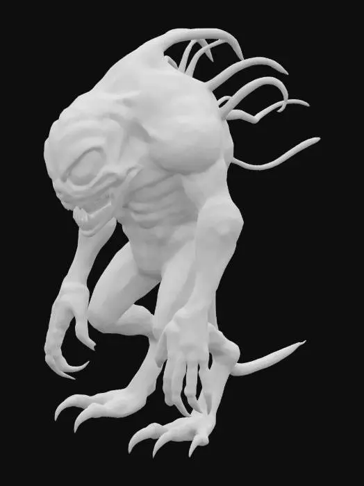 3D model for Create a 3D model of a shadowy, ghost-like monster that embodies a mischievous and sinister presence. The creature should have a rounded, slightly bulky body with sharp, menacing features. Its eyes should be large, glowing with an eerie red or purple light, and its mouth should have a wicked, toothy grin. The creature's overall design should evoke a feeling of dark energy, with wisps of shadow or smoke swirling around its form. The skin texture should be smooth but have a subtle, ethereal quality, as if the creature is partially made of shadows. Visible legs have  multum of fingers, and full of monster is visible in image. monster stay front to image. , #AroundTheWorld#