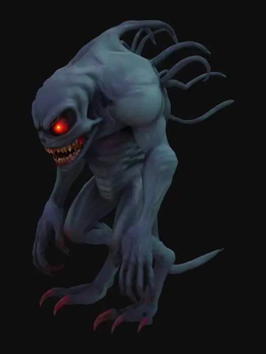 3D model for Create a 3D model of a shadowy, ghost-like monster that embodies a mischievous and sinister presence. The creature should have a rounded, slightly bulky body with sharp, menacing features. Its eyes should be large, glowing with an eerie red or purple light, and its mouth should have a wicked, toothy grin. The creature's overall design should evoke a feeling of dark energy, with wisps of shadow or smoke swirling around its form. The skin texture should be smooth but have a subtle, ethereal quality, as if the creature is partially made of shadows. Visible legs have  multum of fingers, and full of monster is visible in image. monster stay front to image. , #AroundTheWorld#