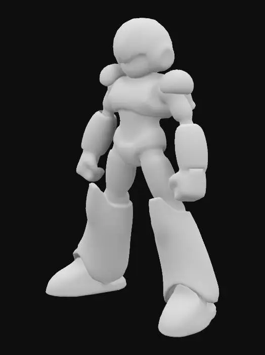 3D model for mega man character. Ensure the rig includes fully articulated limbs, a flexible spine, and detailed facial expressions.