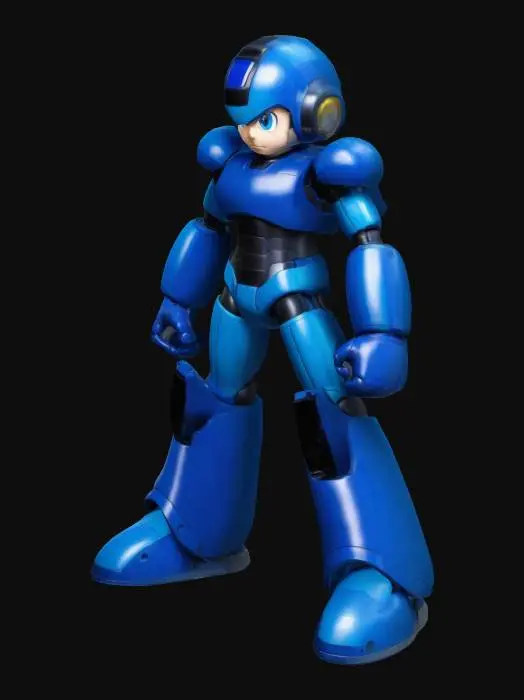 3D model for mega man character. Ensure the rig includes fully articulated limbs, a flexible spine, and detailed facial expressions.