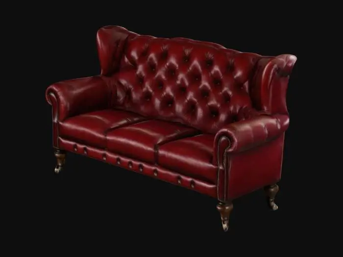 3D model for A Deep red three seat leather Victorian chesterfield sofa with dark wood legs and ivory castor feet