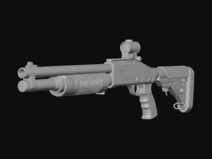 3D model for A modern tactical shotgun, presented in a clean, flat-shaded 3D style. It features a dark grey metallic receiver contrasted with a matte black polymer stock and ergonomic pistol grip. The pump-action handguard is also dark grey, detailed with rectangular ventilation slots and an integrated Picatinny rail, topped by a simple black red dot sight. Subtle gradients define the form, suggesting a sturdy, functional design.