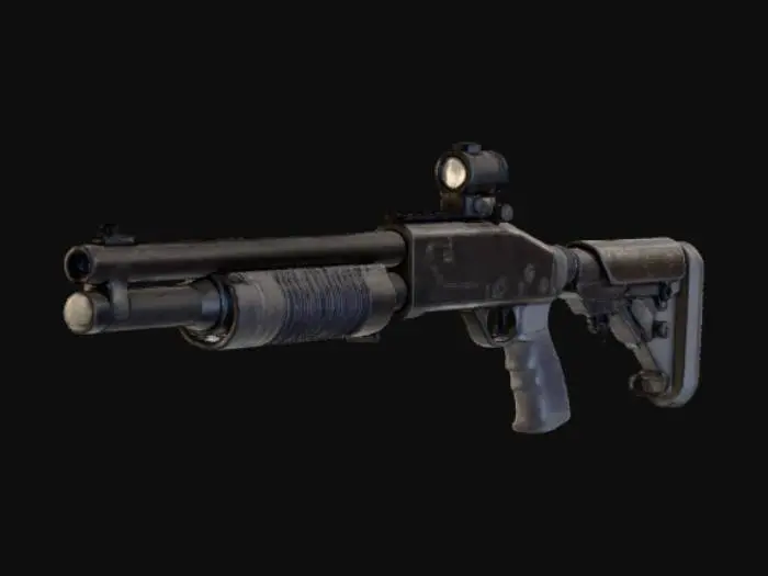 3D model for A modern tactical shotgun, presented in a clean, flat-shaded 3D style. It features a dark grey metallic receiver contrasted with a matte black polymer stock and ergonomic pistol grip. The pump-action handguard is also dark grey, detailed with rectangular ventilation slots and an integrated Picatinny rail, topped by a simple black red dot sight. Subtle gradients define the form, suggesting a sturdy, functional design.