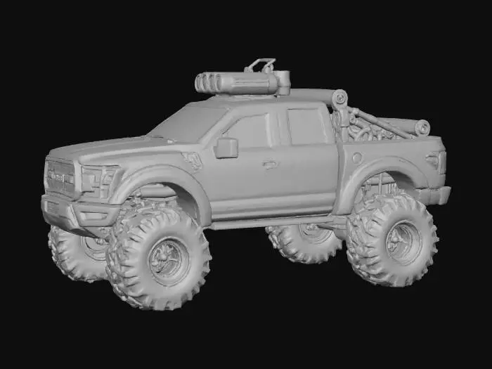 3D model for Wysokiej jakości stylizowany pojazd bojowy 3D w stylu "chibi", inspirowany Fordem Raptorem, z dużymi terenowymi kołami i masywną karoserią w kamuflażu wojskowym w odcieniach leśnej zieleni, matowej czerni i pustynnego beżu. Wyposażony jest w taktyczny sprzęt, wzmocnione zderzaki oraz małą, zamontowaną na dachu wieżyczkę. Posiada gładkie powierzchnie, zaokrąglone krawędzie i teksturę winylowej zabawki, prezentowany na prostej płaskiej szarej podstawie studyjnej.